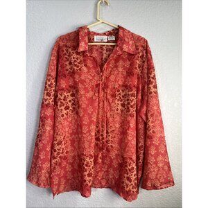 Impressions Vtg Tunic Blouse Womens Sz 22/24W Red Chiffon Floral Print Collared